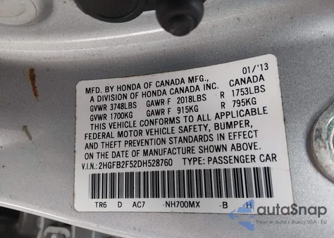 2013 Honda Civic Lx из США, поврежденный, VIN 2HGFB2F52DH528760